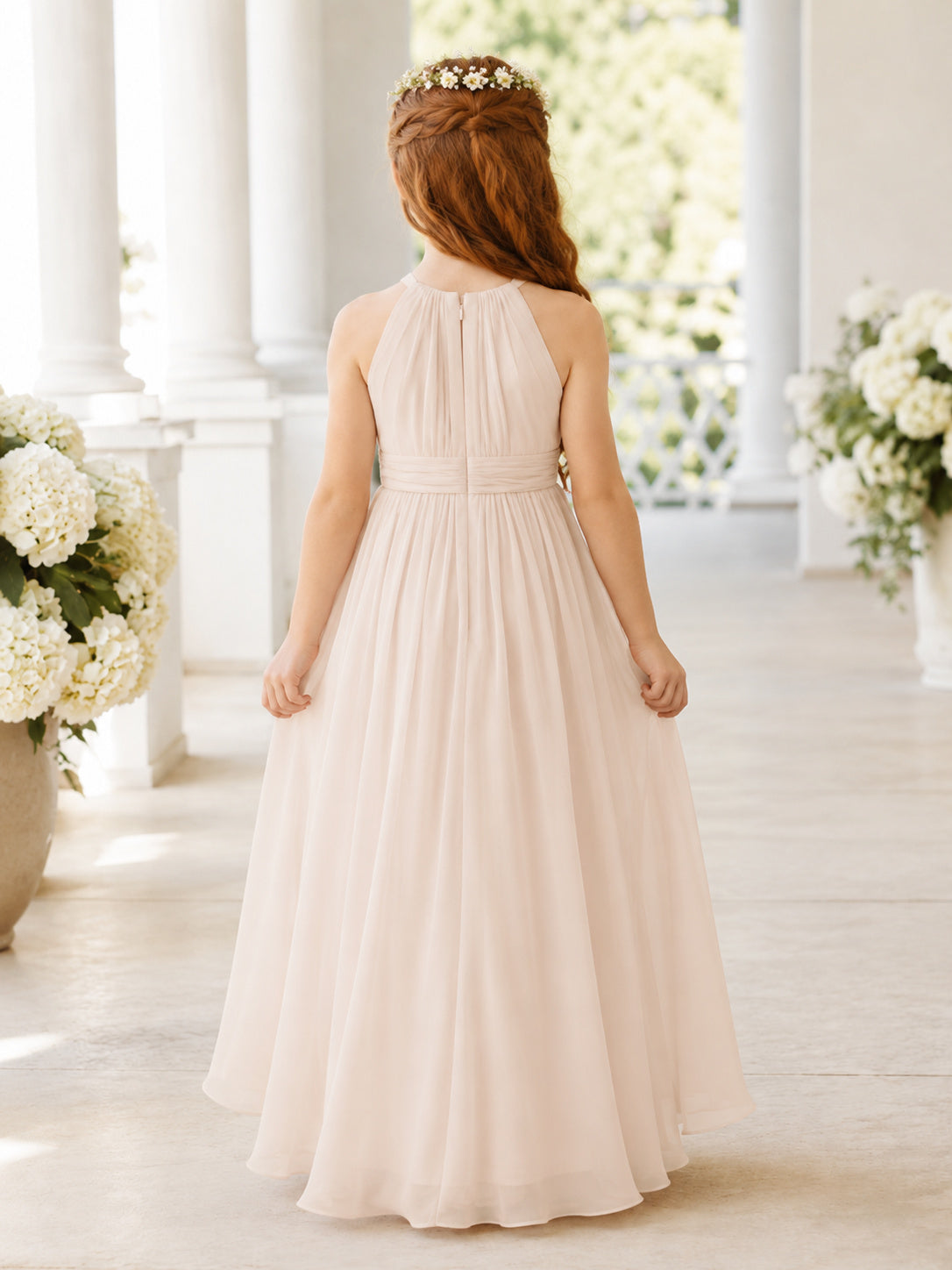 Flower Girl Dress Blush Chiffon A-Line Sleeveless Halter Neck Floor Length back view