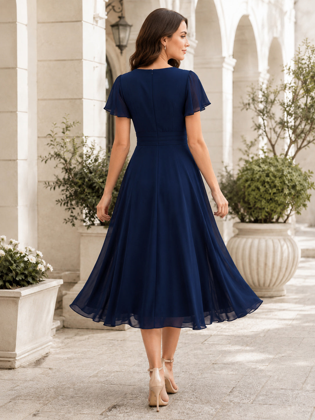 Dark Navy V Neck Flutter Sleeve Chiffon Cocktail Dress back view