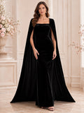 Black Square Neck Velvet Cape Sheath Floor Length Guest Dress front view