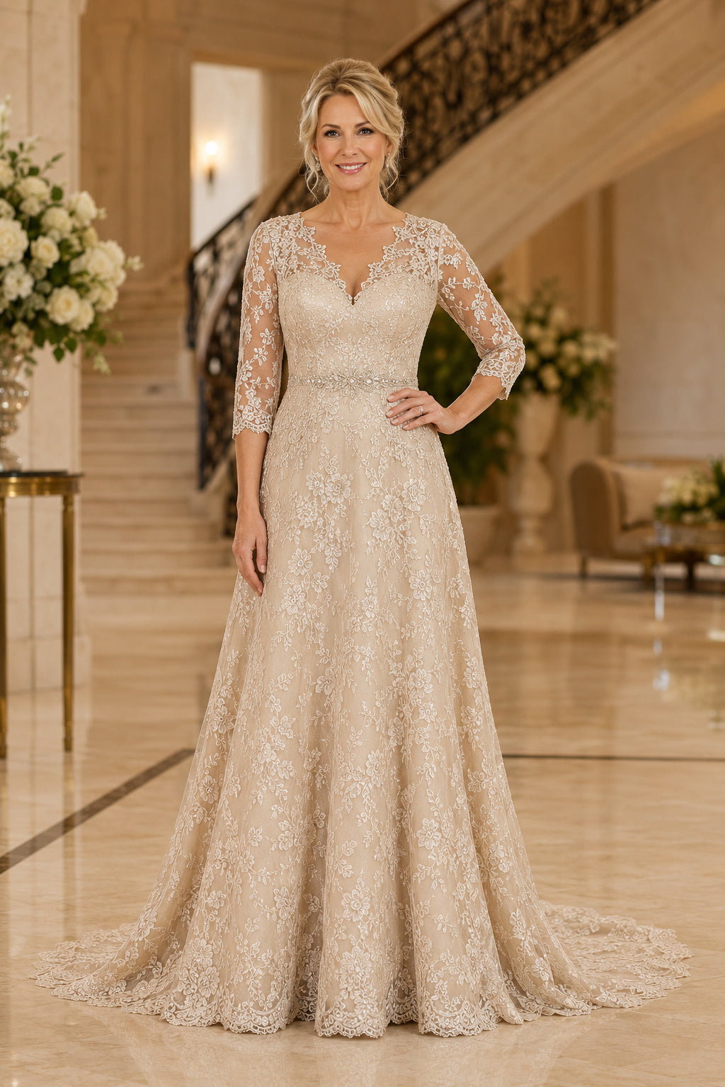 Champagne Lace A-Line Mother Dress with Illusion Three Quarter Sleeves and Train front view