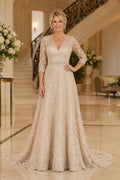 Champagne Lace A-Line Mother Dress with Illusion Three Quarter Sleeves and Train front view