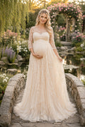 Champagne Long Sleeve Lace Maternity Wedding Dress with Illusion Back front view