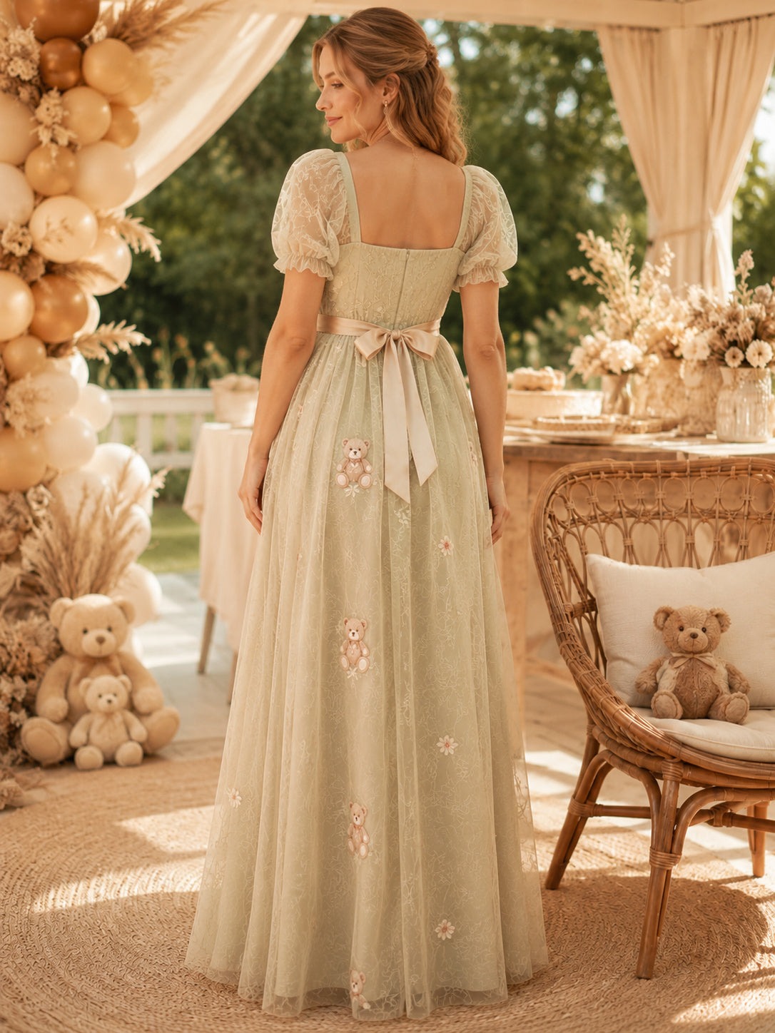 Sage Maternity Square Neck Puff Sleeve Teddy Applique Tulle A-Line Floor Length Gown back view