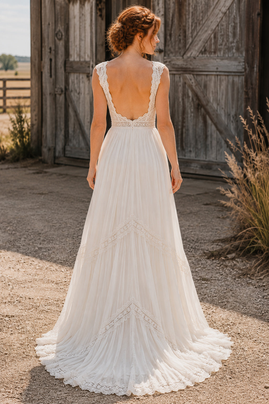 Illusion Deep V A-Line Wedding Dress with Sheer Bodice Detail and Soft Train for Rustic Garden Ceremony back view