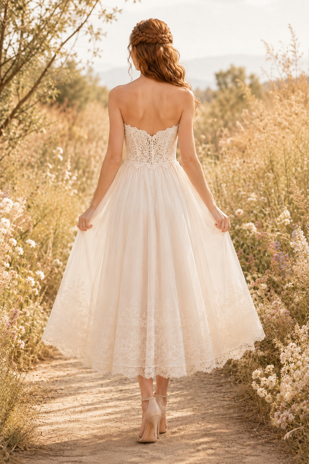 Ivory Strapless Lace Tulle Tea Length Wedding Dress for Wedding Reception and Party back view