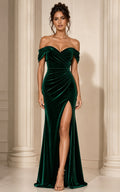 Emerald Green Velvet Off Shoulder Prom Dress Sweetheart Thigh Slit front view
