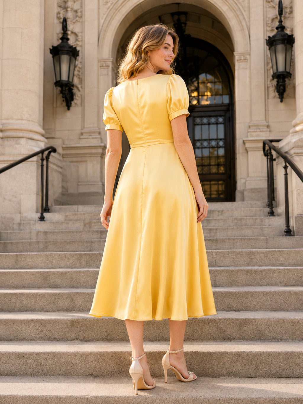 Yellow Puff Sleeve V Neck Satin Tea Length Wedding Dress back view