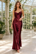 Evening Gown Burgundy Satin Sheath Cowl Neck Sleeveless Draped Floor Length front view