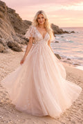 Blushing Pink Cap Sleeve V-Neck Tulle A-Line Wedding Dress Train for Bridal Ceremony and Reception front view