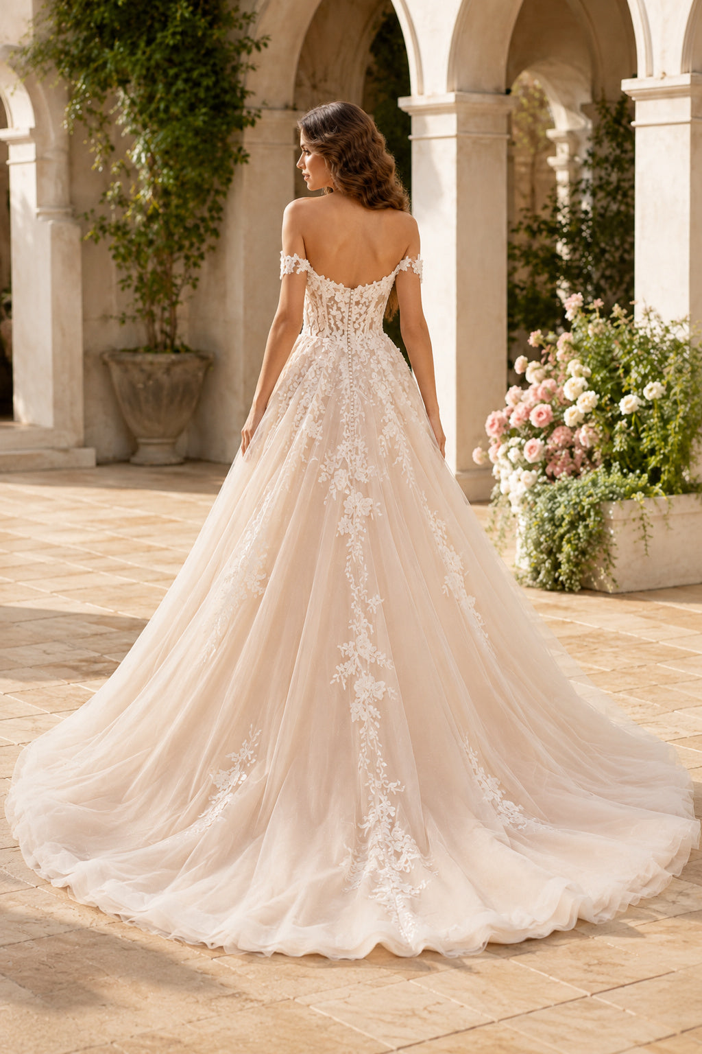 Champagne Strapless Lace Tulle Wedding Ball Gown with Sweetheart Neck and Appliques back view