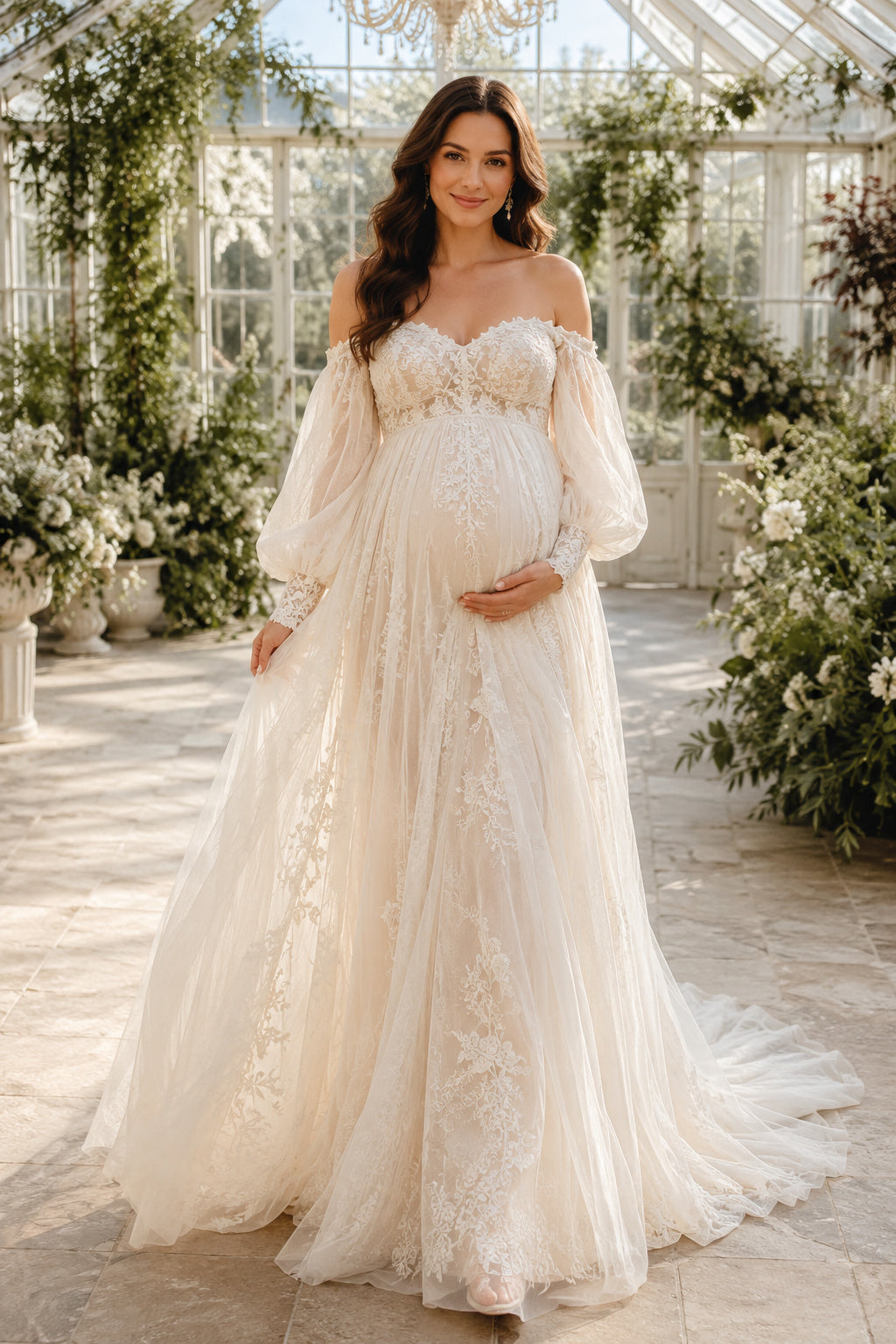 Ivory Maternity Off-the-Shoulder Lace A-Line Wedding Dress with Bishop Sleeves and Train front view