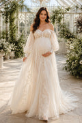Ivory Maternity Off-the-Shoulder Lace A-Line Wedding Dress with Bishop Sleeves and Train front view