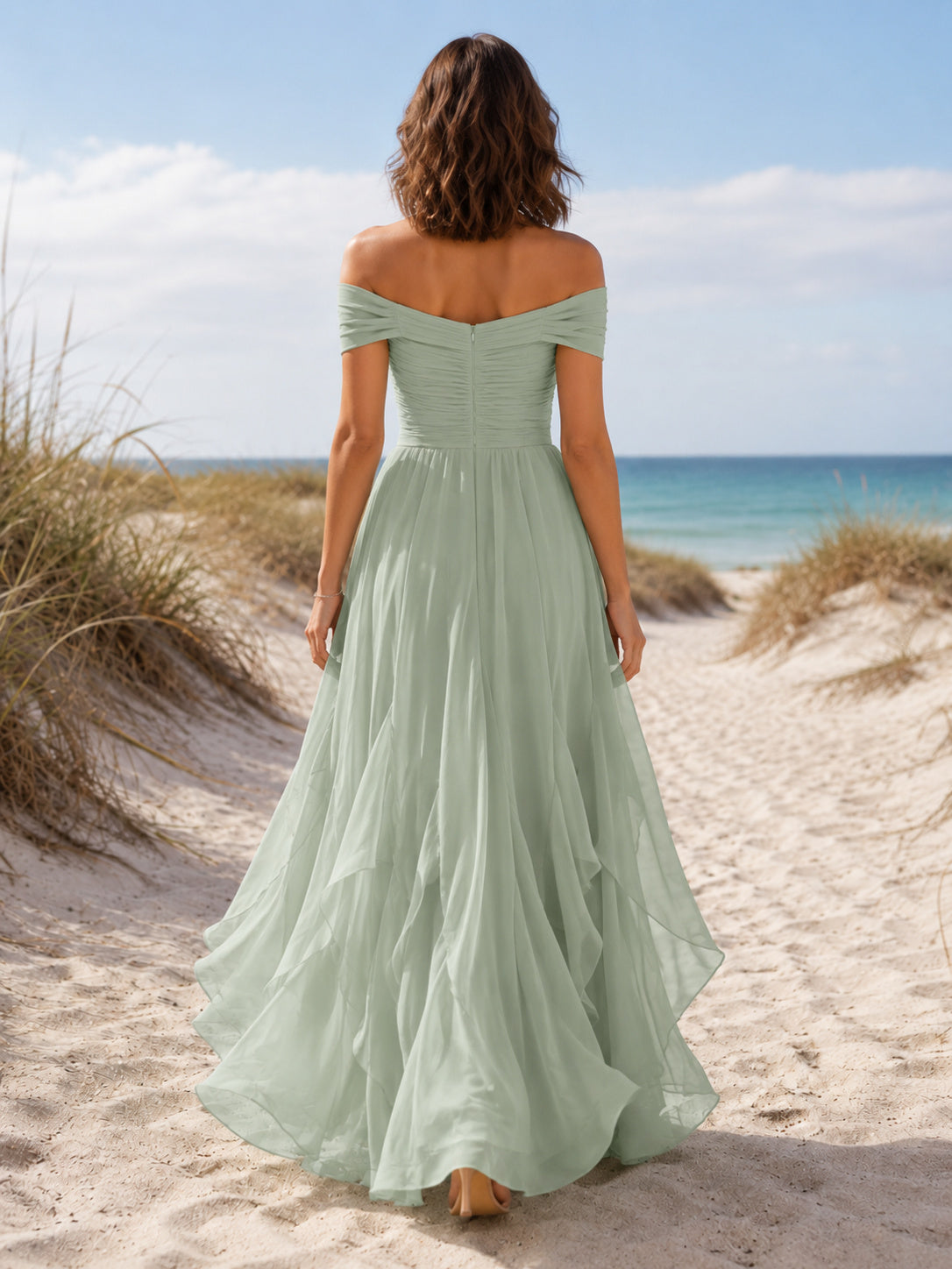 Mint off shoulder chiffon A-line beach maxi dress back view