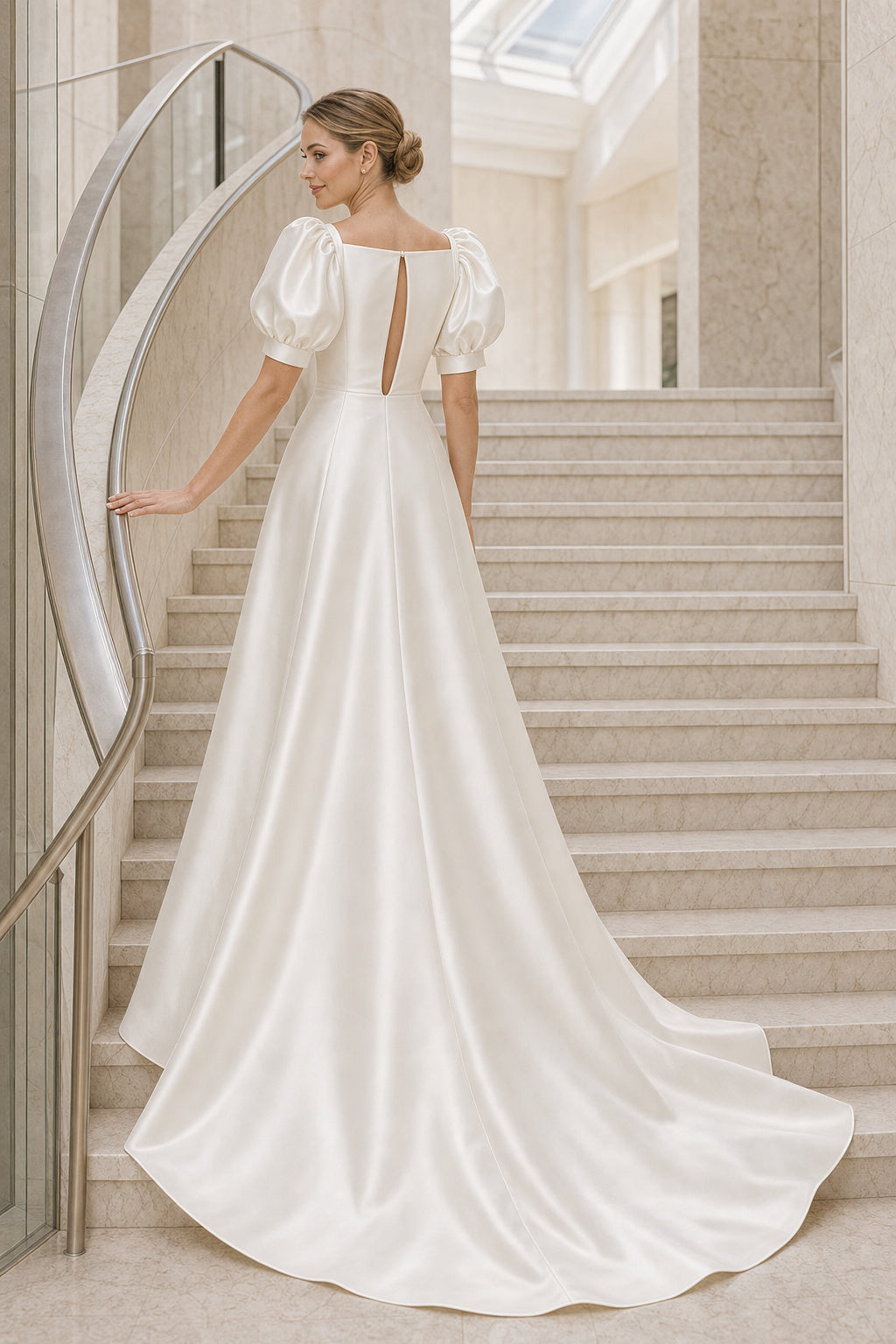White Square Puff Sleeves A-Line Satin Floor-length Wedding Dress With Puff Sleeves and Train