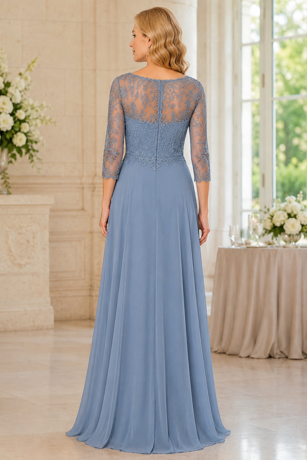 Steel Blue Chiffon A-Line Mother Dress with Lace Illusion Three Quarter Sleeves back view