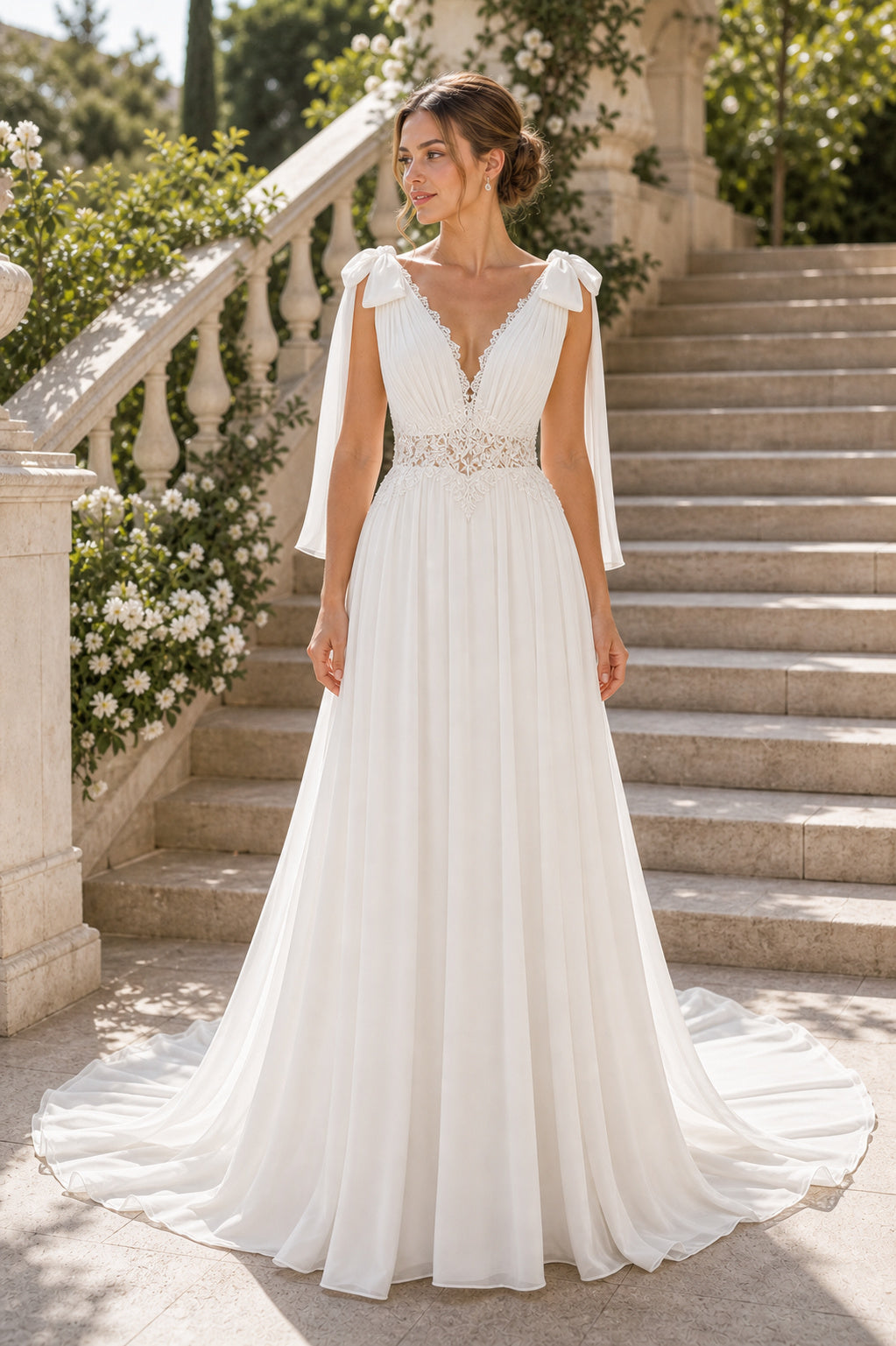 White Halter A-Line Chiffon Floor-length Wedding Dress With Open Back and Lace Bodice and Open Back Lace Hem Detail