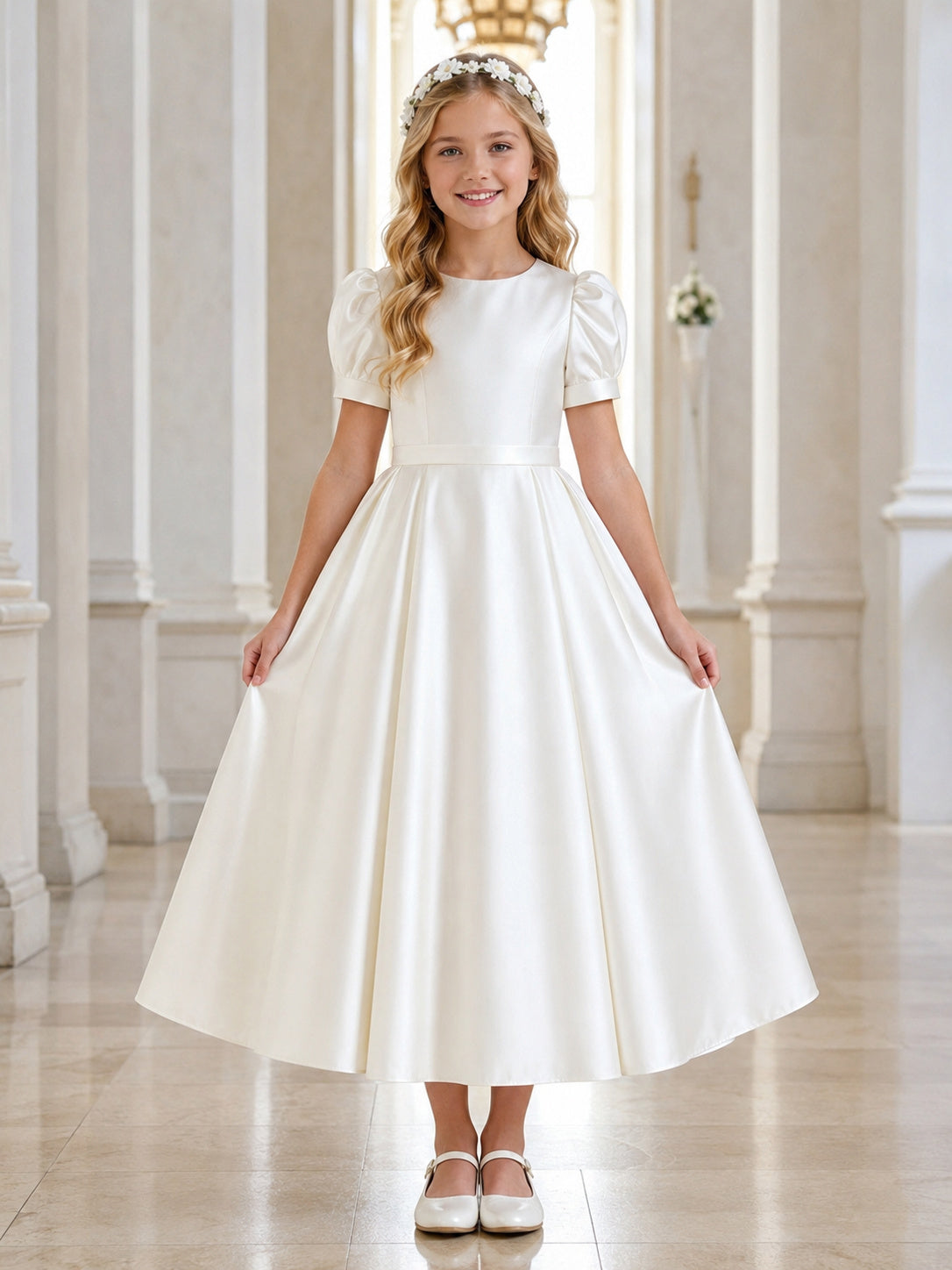 White Puff Sleeve Satin Tea Length Communion Flowergirl Dress front view
