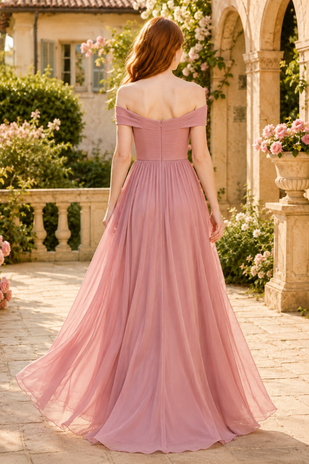 Dusty Rose Off-the-Shoulder Chiffon A-Line Bridesmaid Dress with Pleated Bodice and Flowing Skirt back view