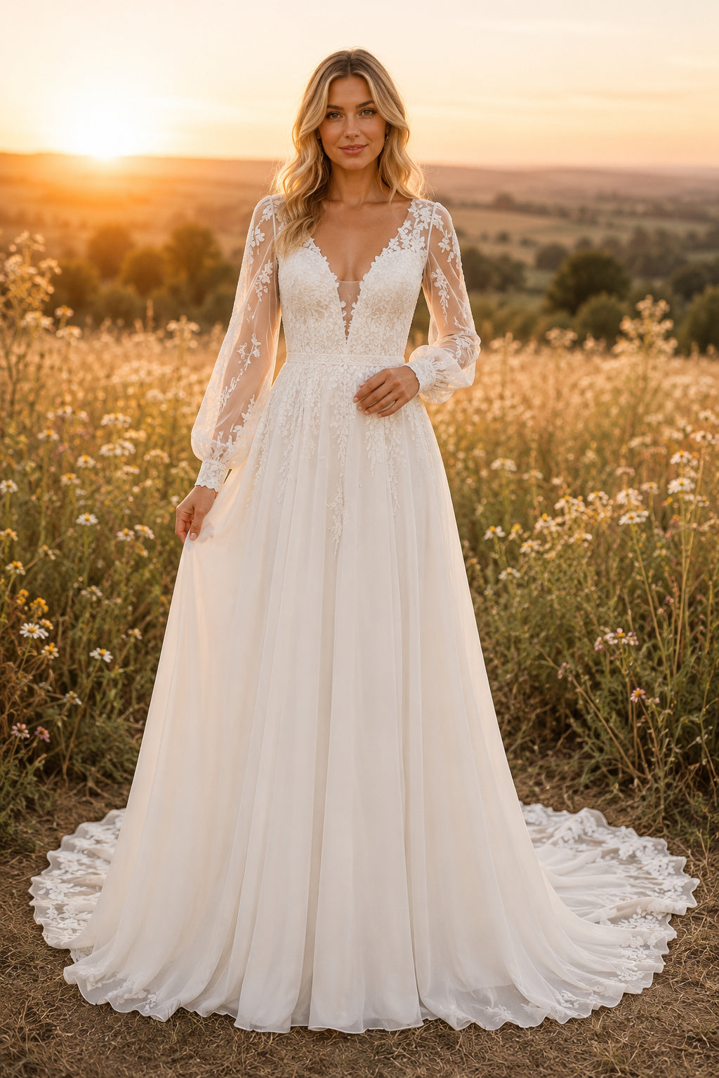 Ivory Long Sleeve Lace Bodice A-Line Wedding Dress with Chiffon Skirt Style MG_700394 front view