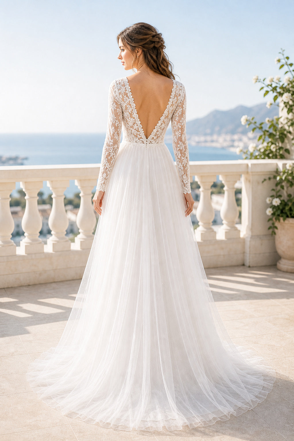 White Off-the-shoulder Long Sleeves Sheath Lace Floor-length Wedding Dress With Lace and Lace Bodice