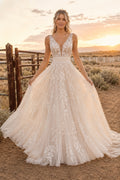 Deep V Strap A-Line Wedding Dress with Floral Lace Appliques and Full Tulle Train front view