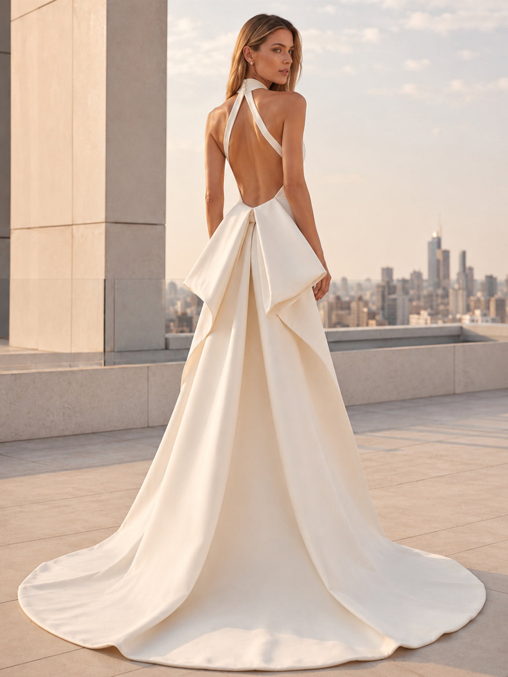 Minimalist Satin Wedding Dress Mermaid Halter Sleeveless Sweep Train Bridal Gown Style 722449 back view