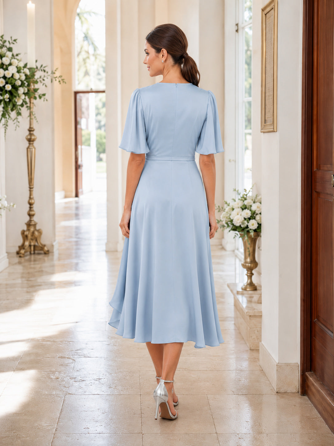 Powder Blue V Neck Wrap Chiffon Christening Guest Midi Dress back view