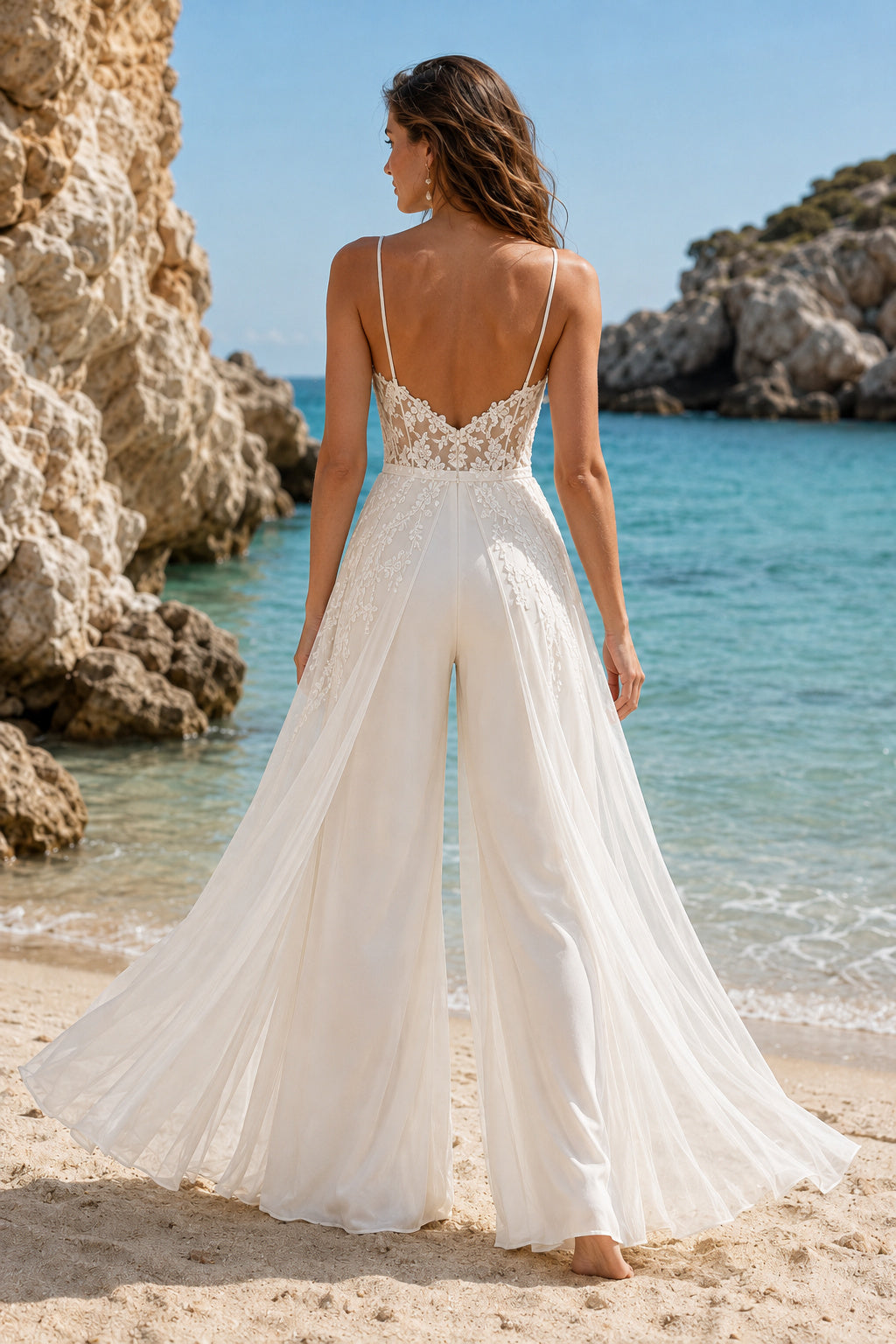Ivory Spaghetti Strap Lace Bridal Jumpsuit with Split Tulle Skirt Overlay back view