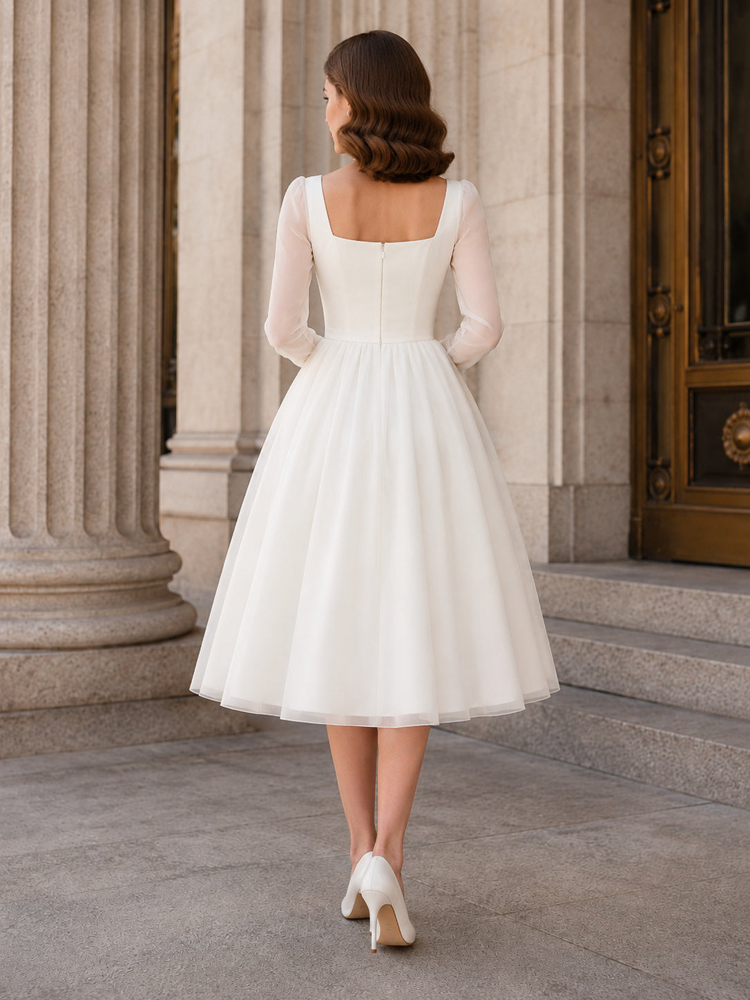 1950s Vintage Square Neck Long Illusion Sleeve Organza A-Line Tea-Length Courthouse Wedding Dress back view