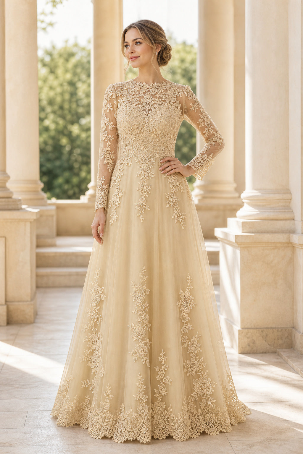 White Illusion Long Sleeves A-Line Crepe Floor-length Wedding Dress With Sweep Train and Open Back
