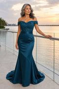 Teal Off-the-Shoulder Mermaid Satin Floor-Length Dress With Lace Train