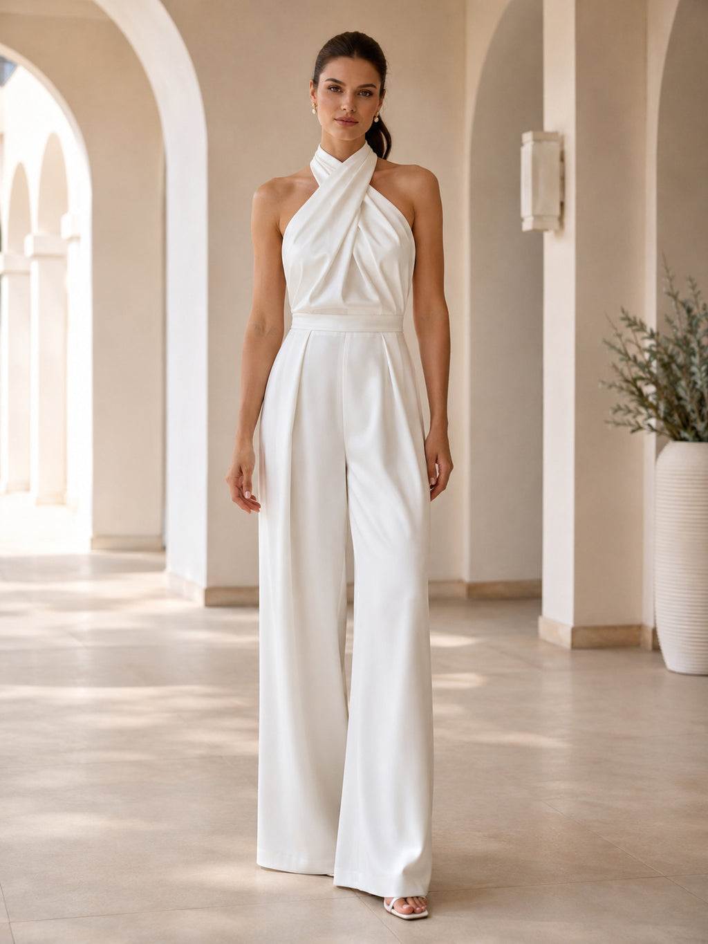 Modern Pleated Halter Neck Sleeveless Backless Wide Leg Civil Wedding Jumpsuit front view