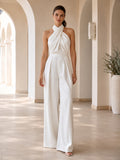 Modern Pleated Halter Neck Sleeveless Backless Wide Leg Civil Wedding Jumpsuit front view
