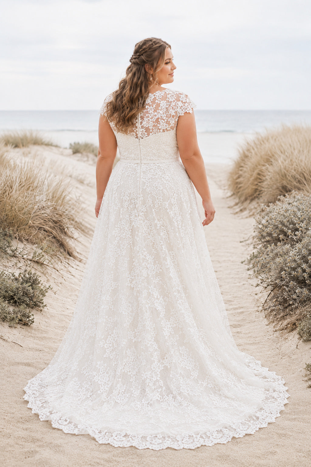 Plus Size Ivory High Neck Cap Sleeve Lace Tulle A-Line Wedding Dress with High Lace Bodice and Sweep Train back view
