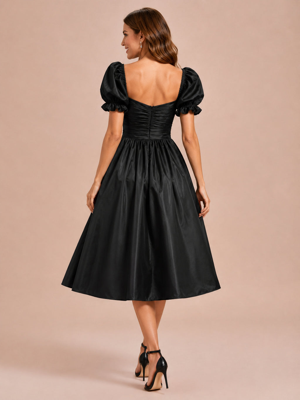 Black sweetheart puff sleeve taffeta tea length cocktail dress back view