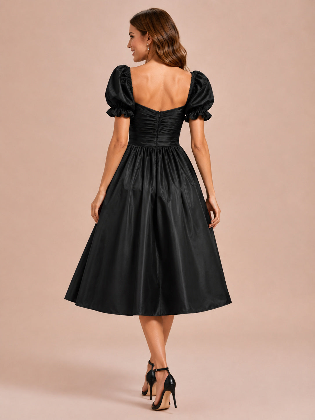 Black sweetheart puff sleeve taffeta tea length cocktail dress back view