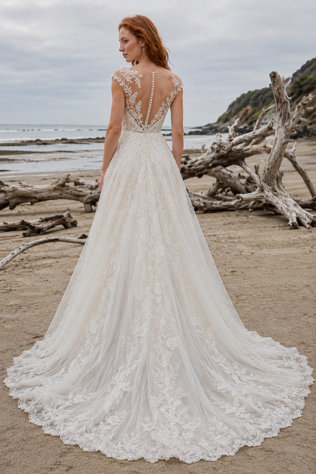 Ivory Cap Sleeve V-Neck Lace Tulle A-Line Wedding Dress Chapel Train for Bridal Ceremony and Reception back view