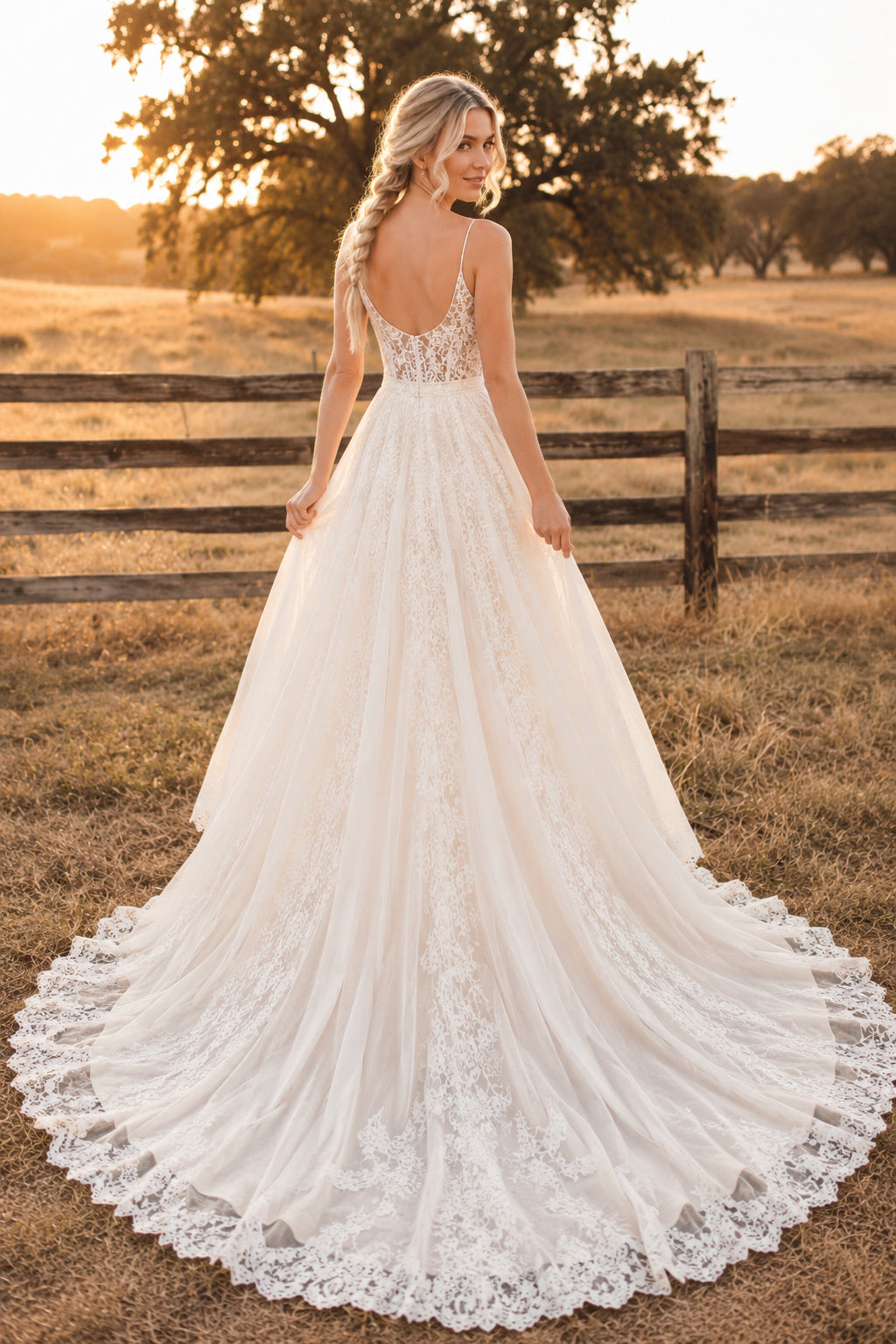 V-Neck Strap A-Line Wedding Dress with Lace Appliques and Full Tulle Train for Rustic Garden Ceremony back view
