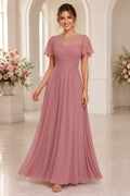Dusty Rose illusion short sleeve chiffon A line dress with pleated bodice Floor-length A-Line Bridesmaid Dress front view