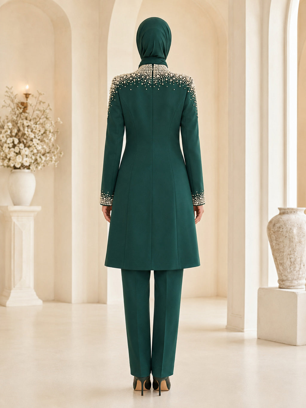 Dark Green Muslim Pearl Beaded Long Jacket Wedding Pantsuit back view