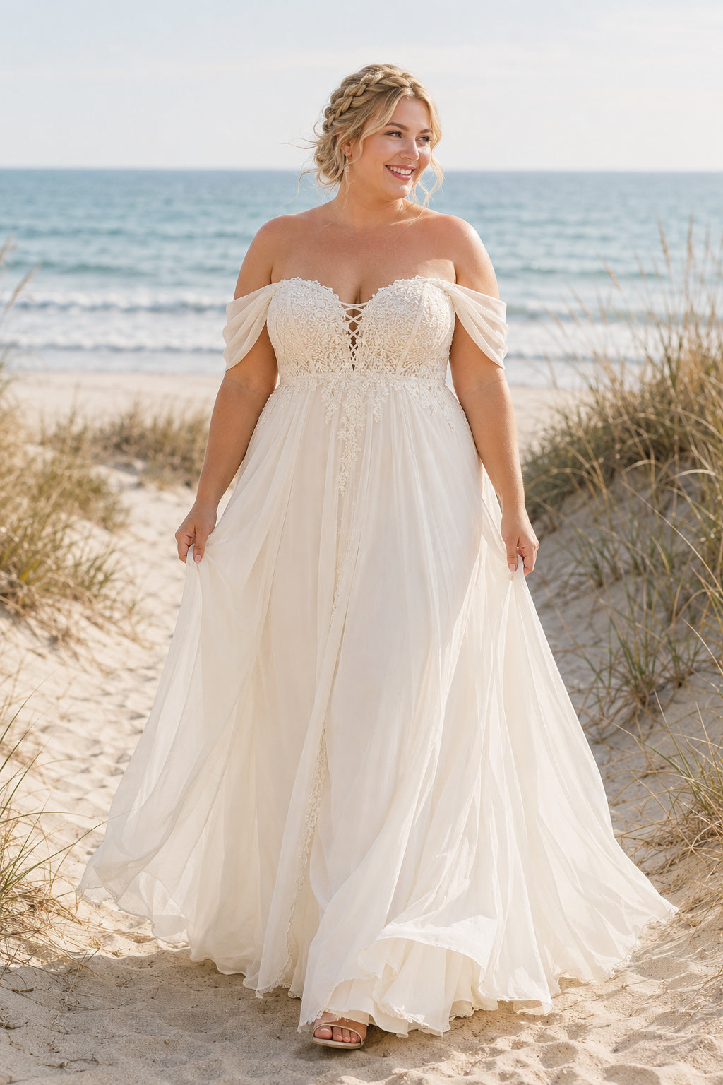 Plus Size Ivory Off-the-Shoulder Sweetheart Flutter Sleeve Lace Tulle A-Line Wedding Dress with Soft Tulle Skirt and Sweep Tr