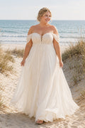 Plus Size Ivory Off-the-Shoulder Sweetheart Flutter Sleeve Lace Tulle A-Line Wedding Dress with Soft Tulle Skirt and Sweep Tr