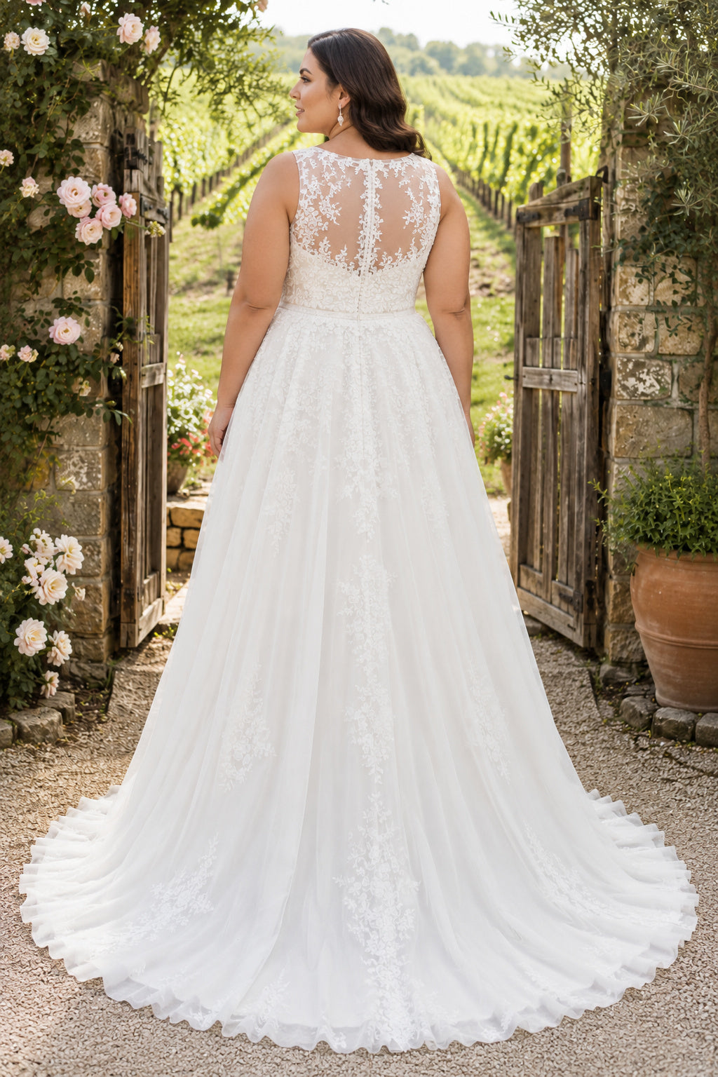 White Plus Size Jewel Neck Illusion Lace A-Line Wedding Dress with Sleeveless Bodice and Train back view