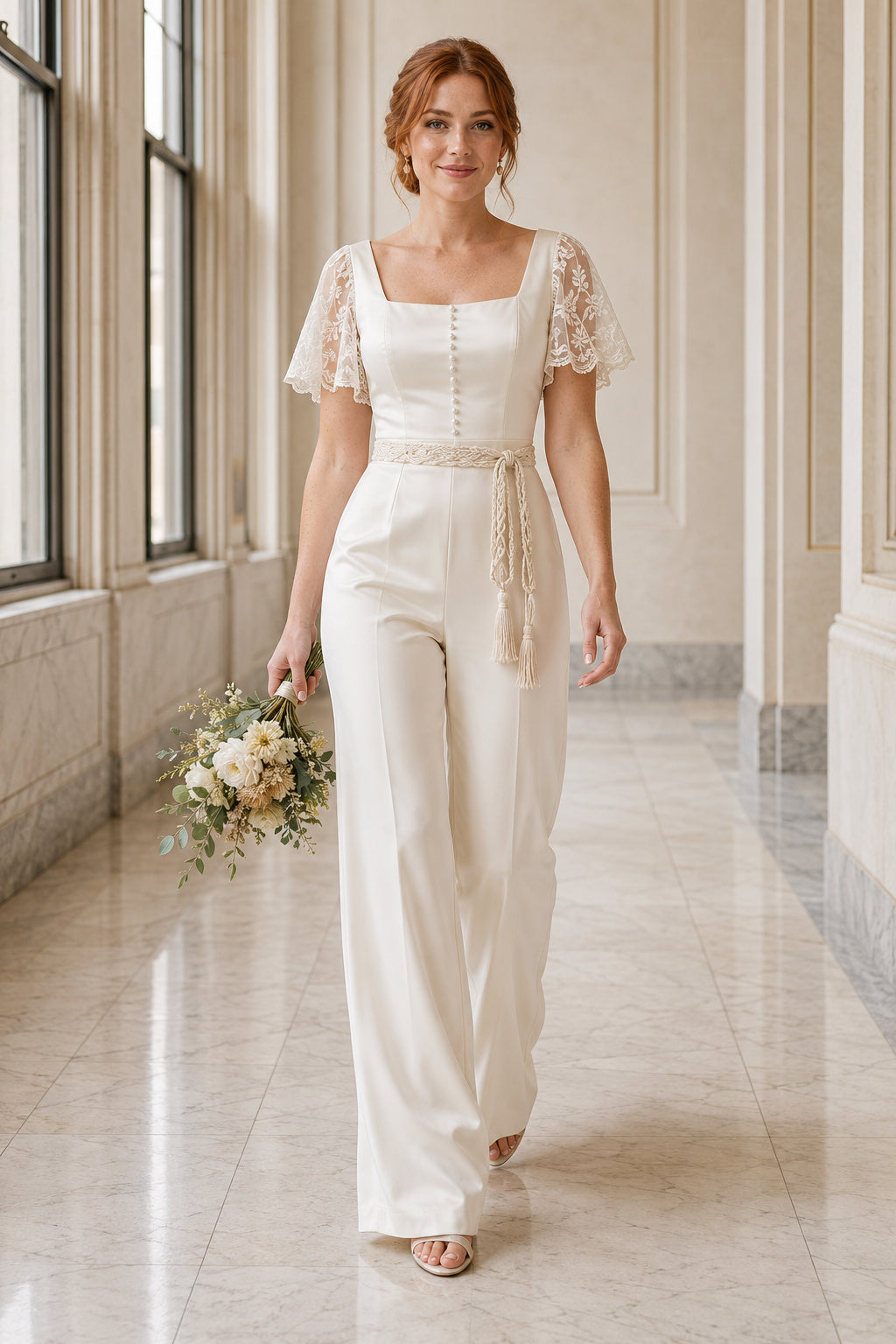 Ivory Square Neck Cap Sleeve Lace Bridal Jumpsuit with Straight Pants front view