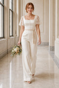 Ivory Square Neck Cap Sleeve Lace Bridal Jumpsuit with Straight Pants front view