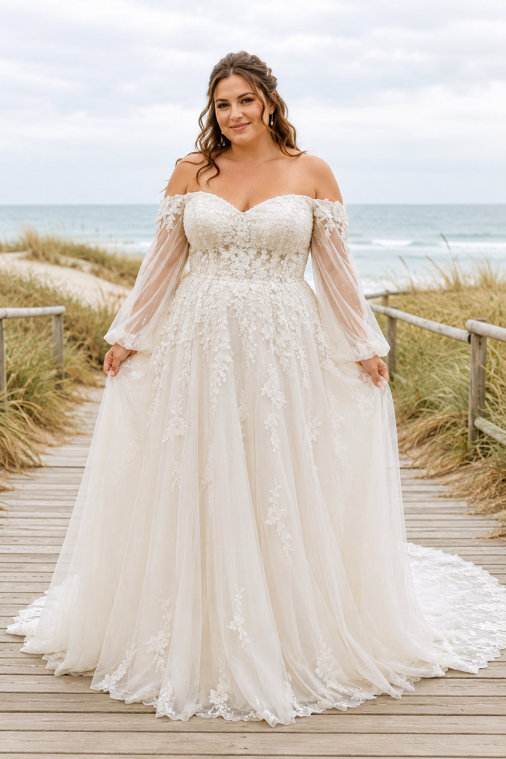 White Plus Size Off-the-Shoulder Lace A-Line Wedding Dress with Illusion Sleeves and Train front view
