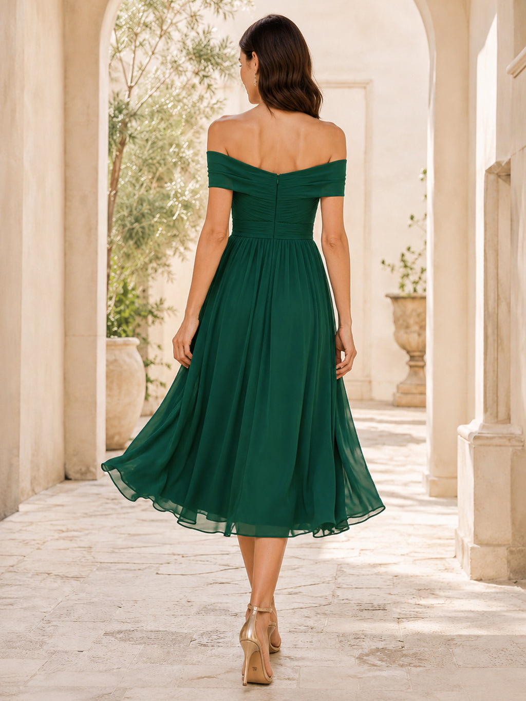 Dark Green Off-the-shoulder Chiffon Tea Dress back view