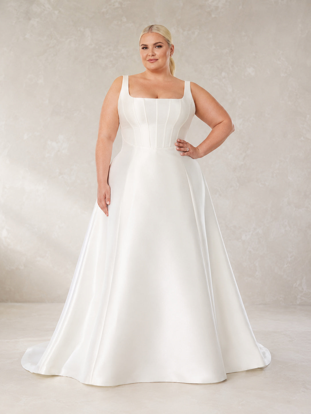 Plus Size Square Neck Satin A Line Studio Bridal Gown front view