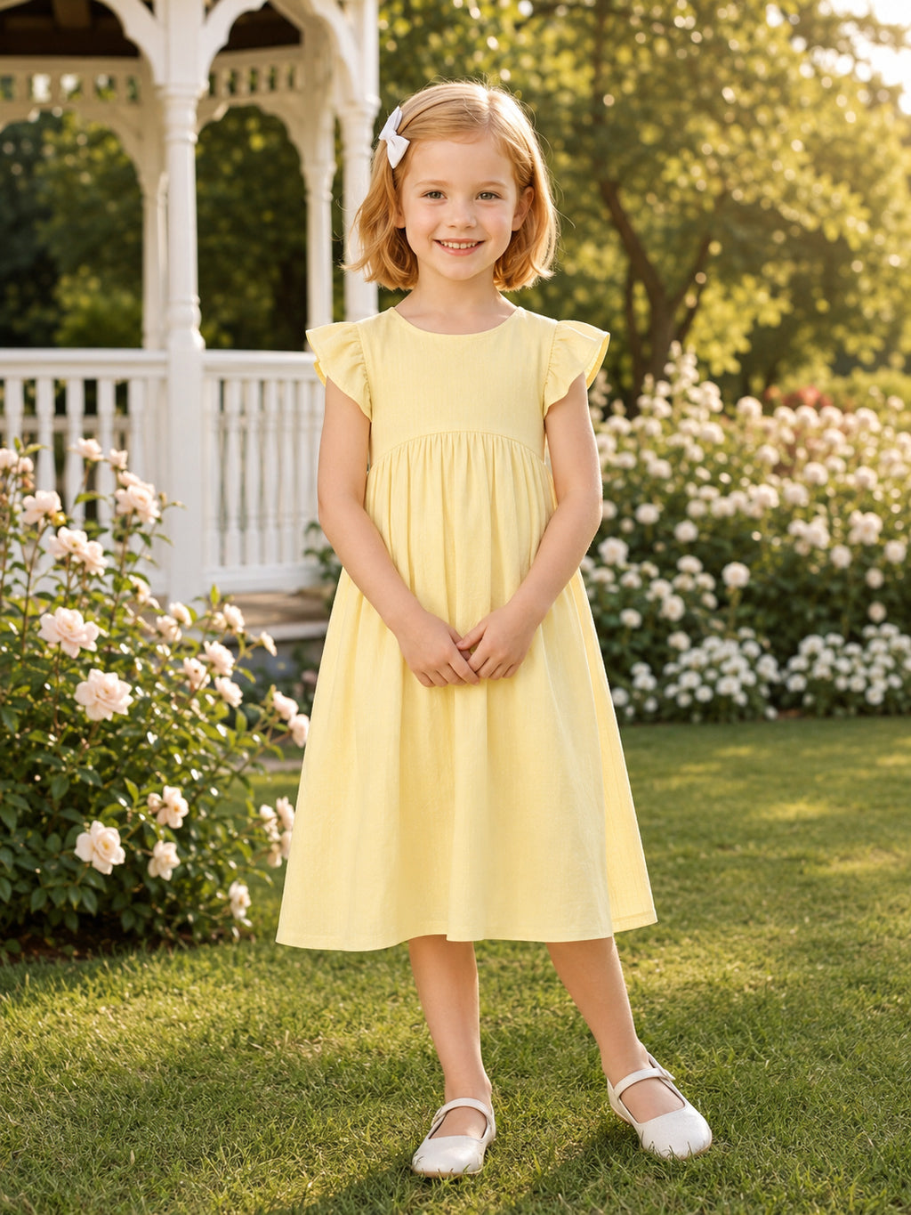 A-Line Daffodil Satin Flower Girl Dress with Short Sleeve Jewel Neckline Tea-length and A Satin Sash And Bow Accent front vie