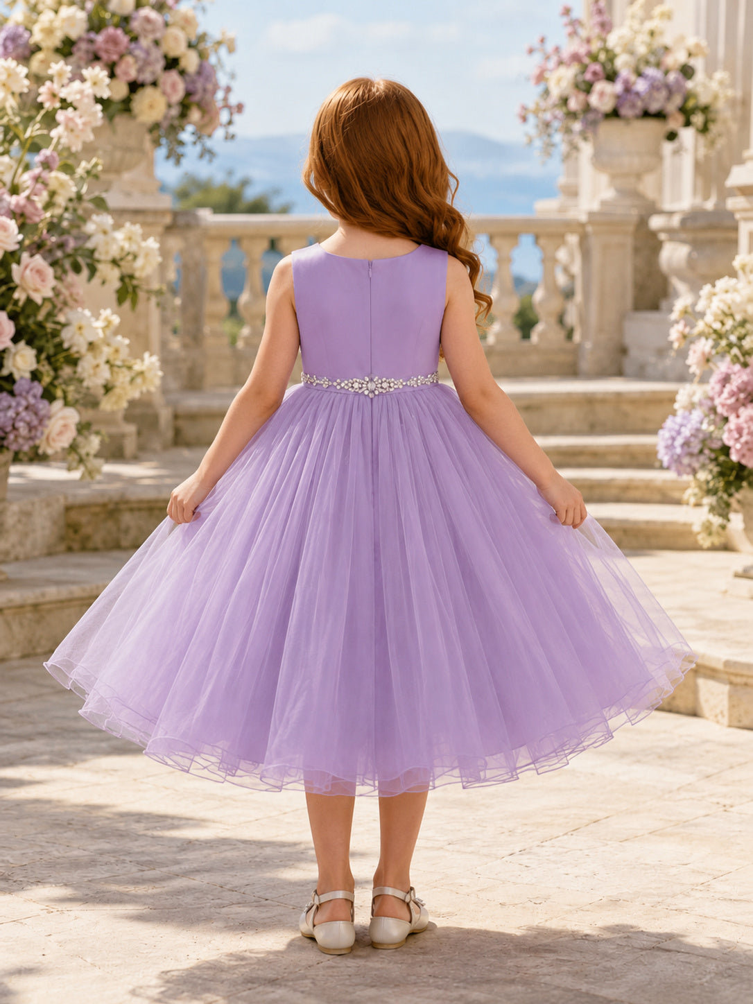 Flower Girl Dress Lavender Satin Tulle A-Line Sleeveless Jewel Neck Tea Length Sash Detail back view